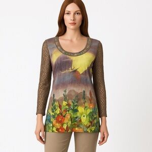 Elena Wang Boho Blouse XL Multicolor Floral Art Print Crochet Lace Sleeve Blouse